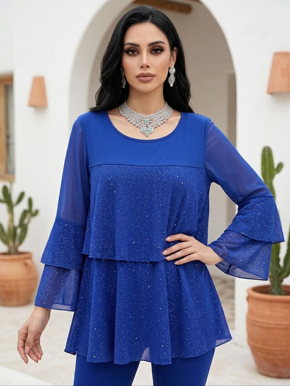 BeBonnie Tiered Sparkle Blouse in Royal Blue by Unbranded